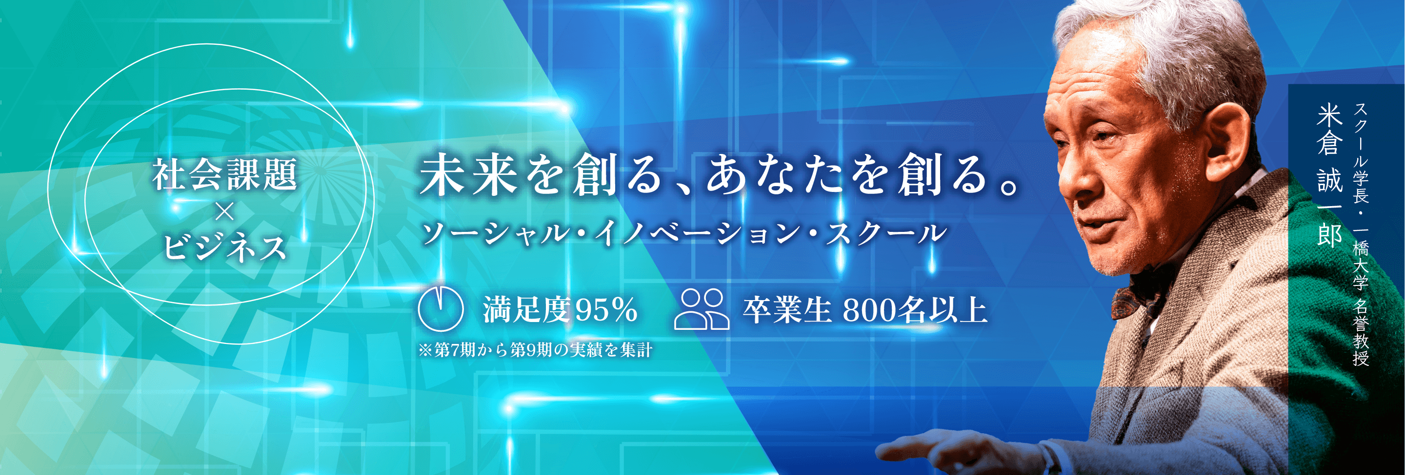 社会課題×ビジネス。未来を創る、あなたを創る。ソーシャル・イノベーション・スクール満足度95%、卒業生800名以上と書かれたメッセージと米倉誠一郎学長画像