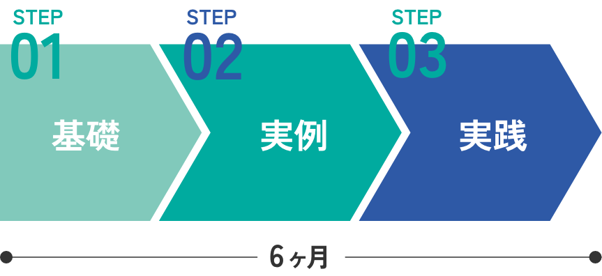 基礎・実例・実践編の計6ヶ月で構成されているイラスト