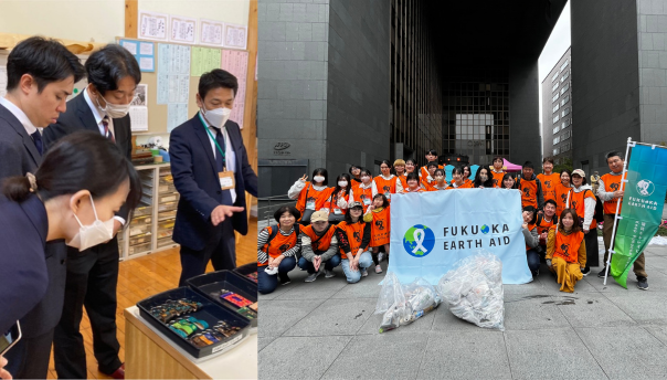 左から、支援学校見学時、4名で実際の制作物を前に話をしている様子とアースプロジェクト福岡活動時、ゴミを集めきった様子がわかる30名程度がうつっている集合写真